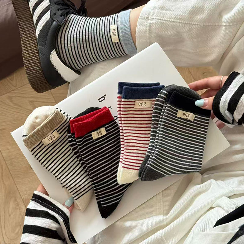 袜子女款中筒袜新款条纹袜子堆堆袜外穿百搭ins潮袜休闲学院风