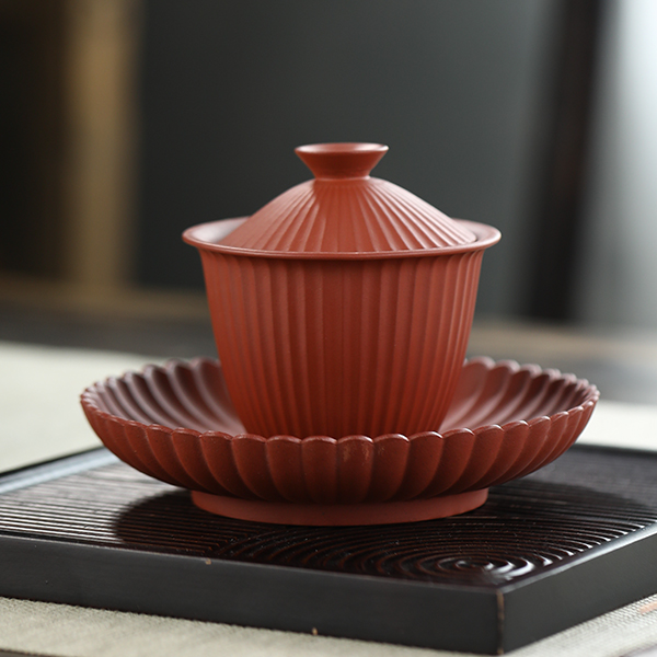 宜兴紫砂茶具 原矿朱泥紫泥盖碗套组茶杯果盘多功能茶具套组