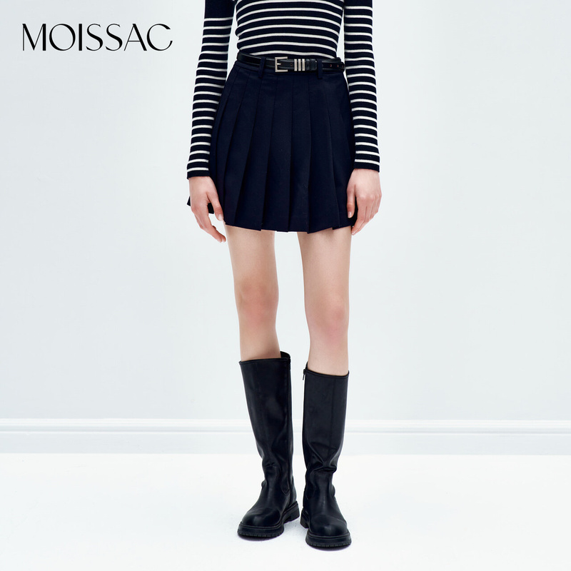 MOISSAC/摩萨克秋法式复古藏青色A字半身打褶裙MWDQ20223