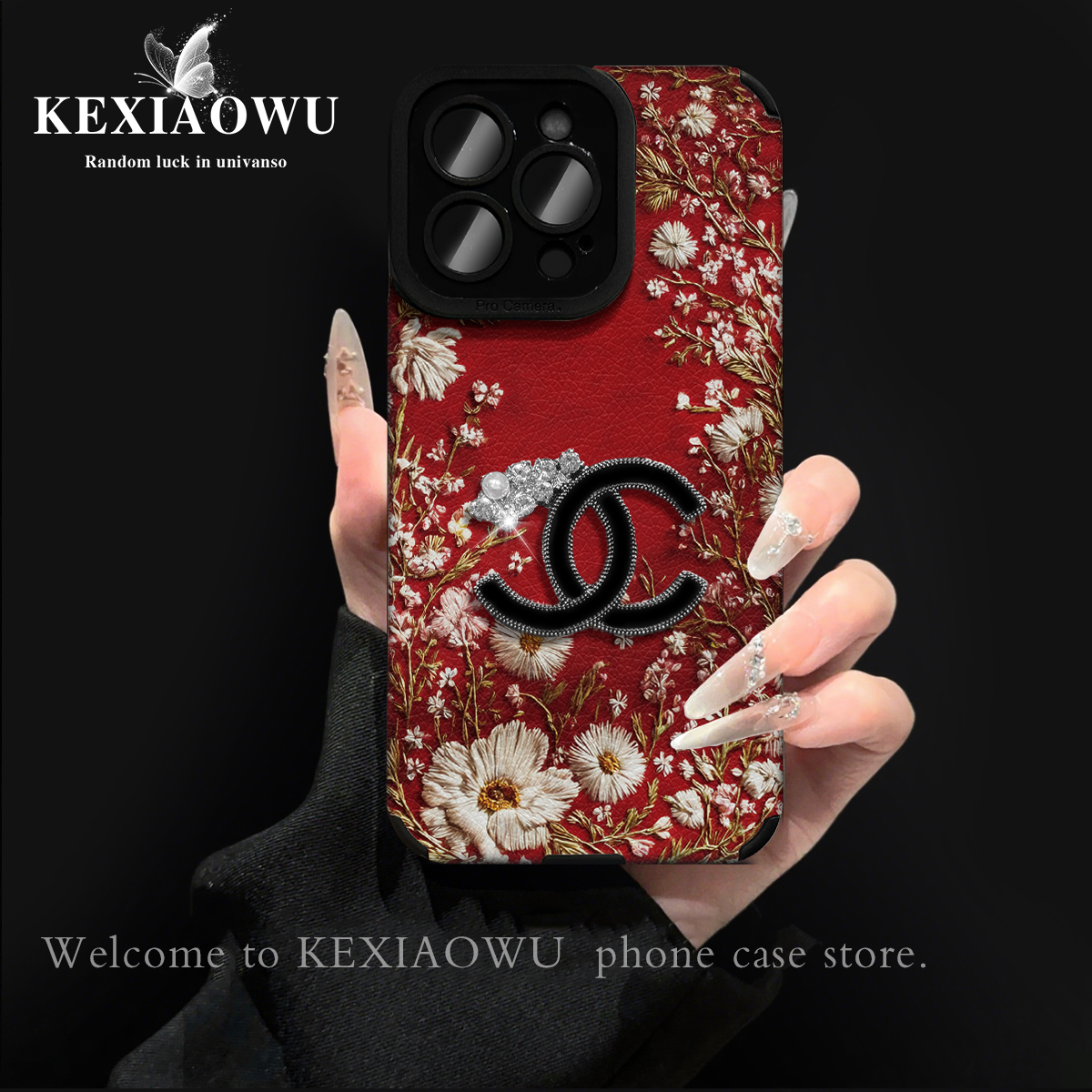 瞳眼白羊皮刺绣花丛适用苹果17PRO华为vivo小米oppo手链手机壳