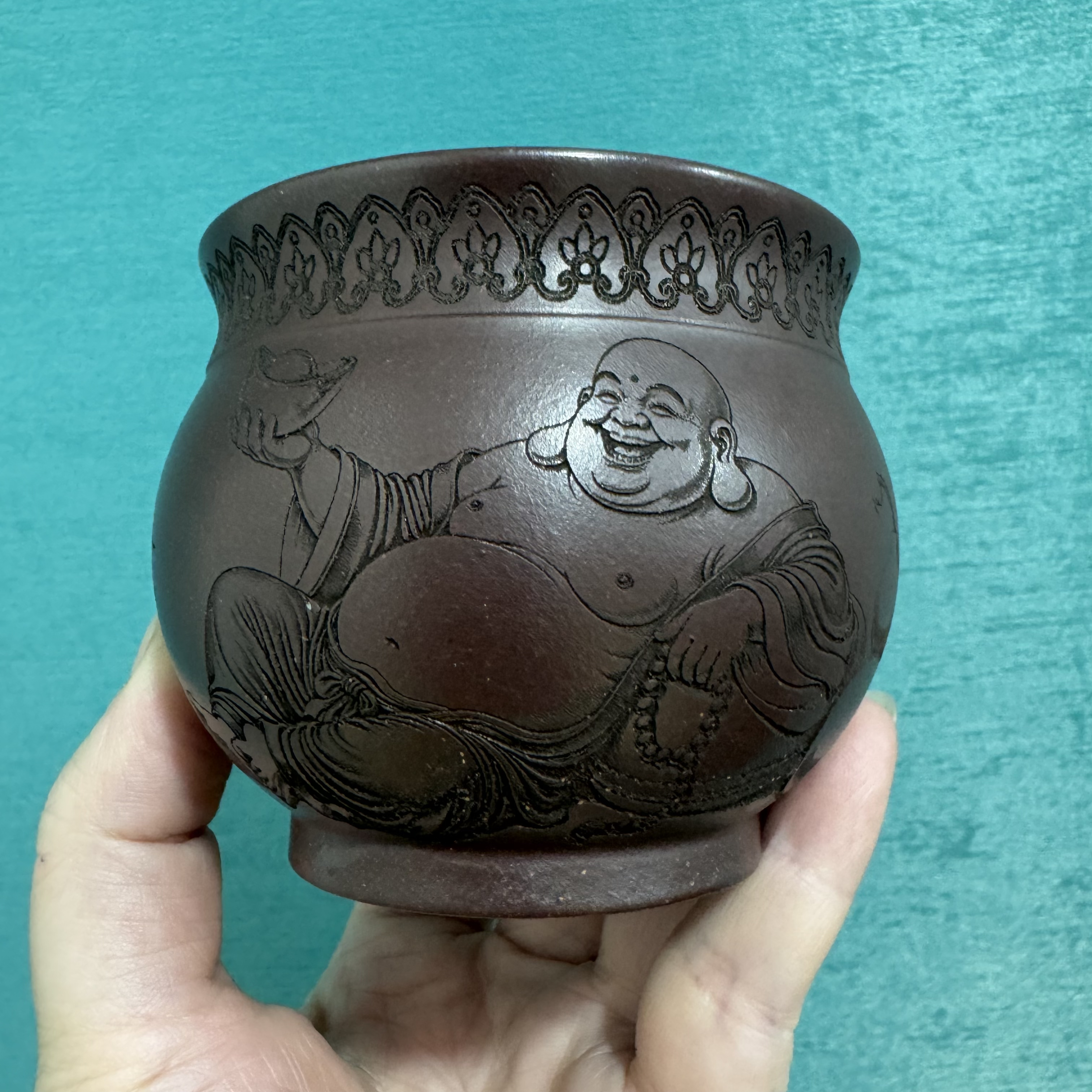 原矿紫砂紫玉金砂刻绘弥勒佛主人杯170cc大容量品茗杯