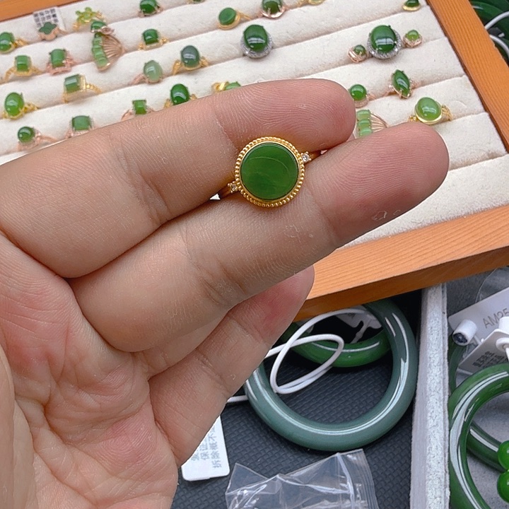 和田玉（碧玉）戒指银S925镀金镶嵌