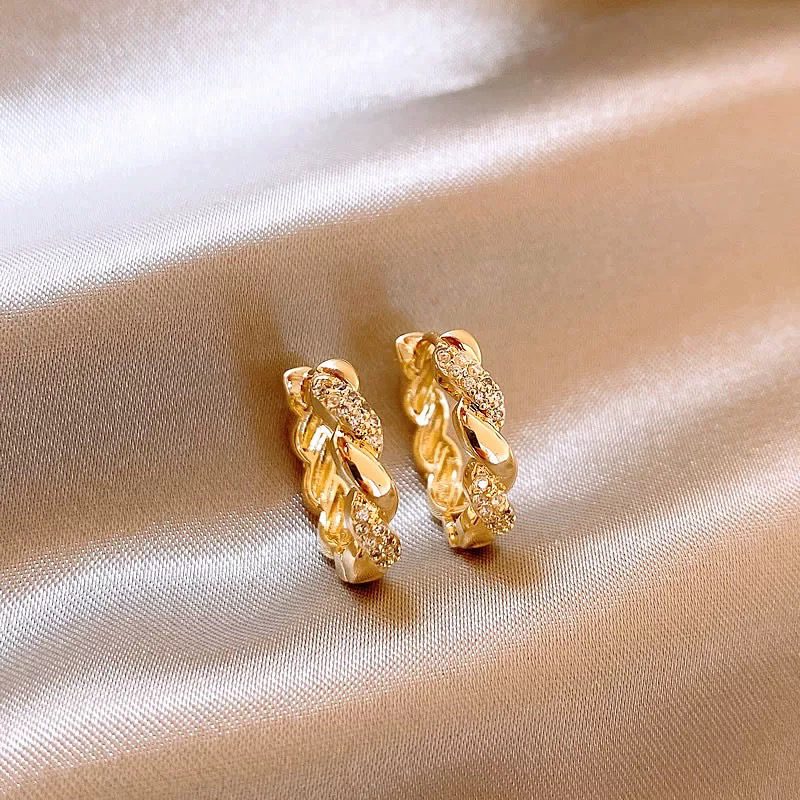 磁铁锆石耳饰 闪亮麻花锆石许妍同款耳夹无耳洞款金色耳圈耳环