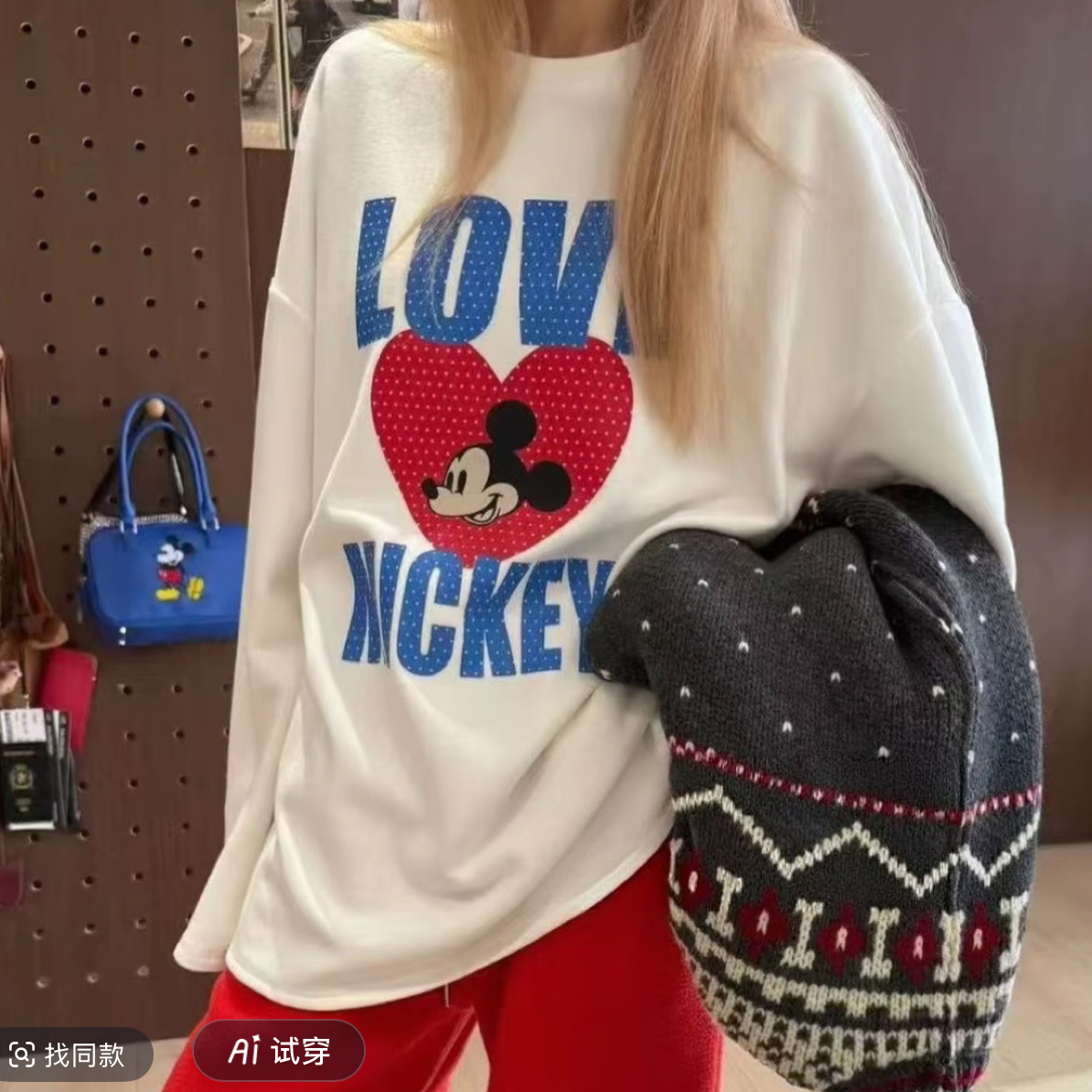 宽松大版磨毛米奇卡通印花圆领长袖T恤