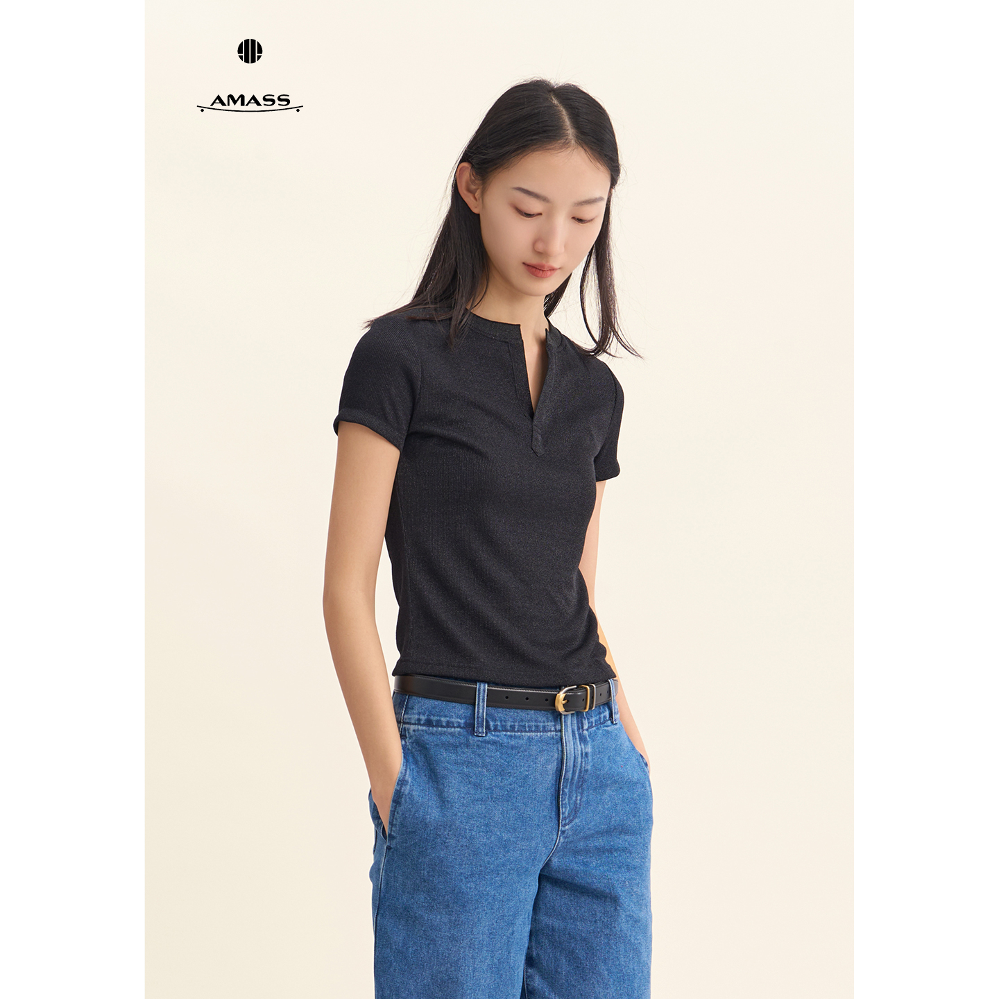 AMASS/阿玛施早春细闪上衣新款气质简约小V领针织T恤女修身530053