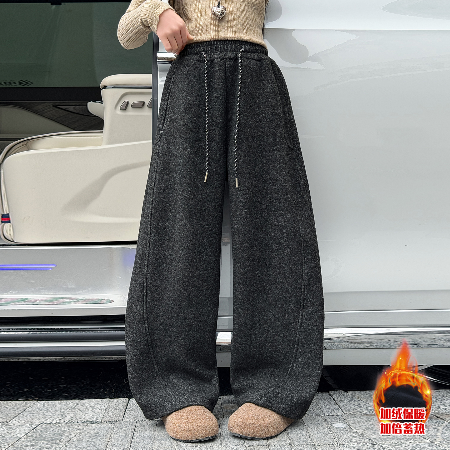 女童加绒裤子秋冬女大童韩系洋气弯刀裤女孩卫裤初中生加厚运动裤