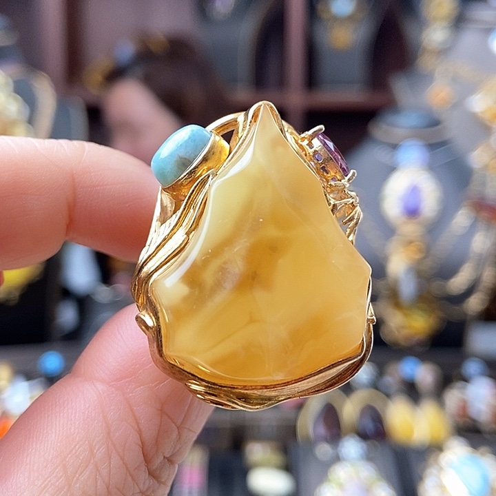 琥珀戒指银S925镶嵌戒指