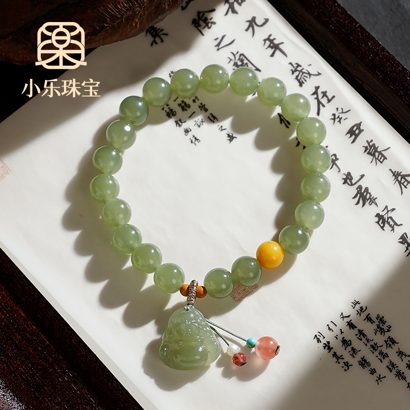 单圈高级和田玉佛公配蜜蜡绿松石设计款女士手链多样性发一-10052