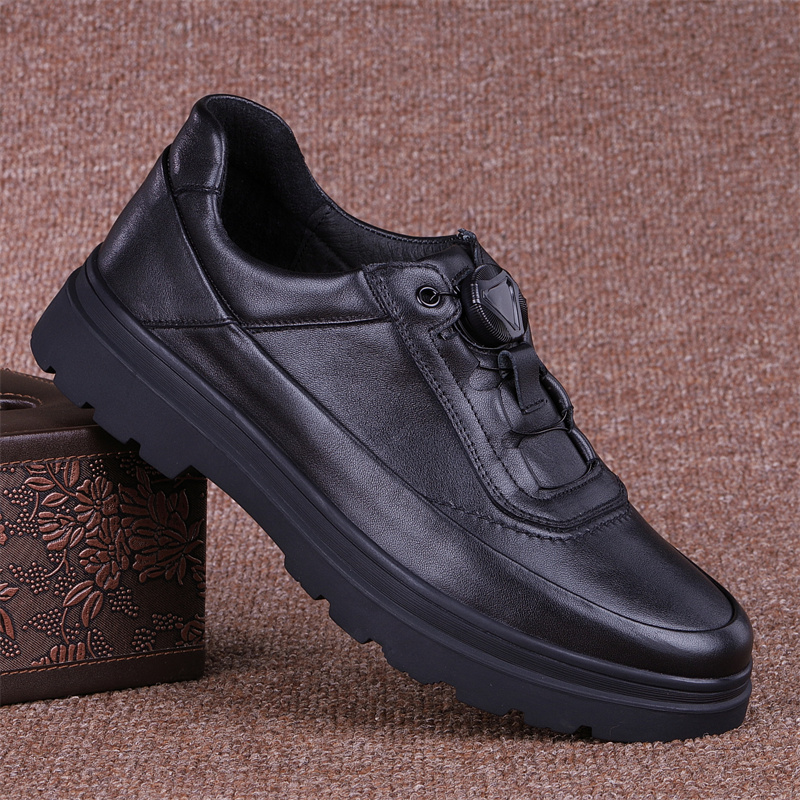 潮牌真皮运动鞋男全牛皮秋冬新款男士商务休闲皮鞋实心软底纽扣鞋
