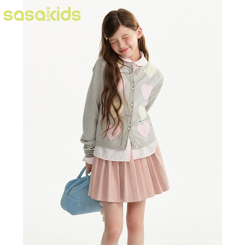 sasakids撞色爱心可爱纽扣休闲慵懒感毛衣外套百搭针织开衫女童