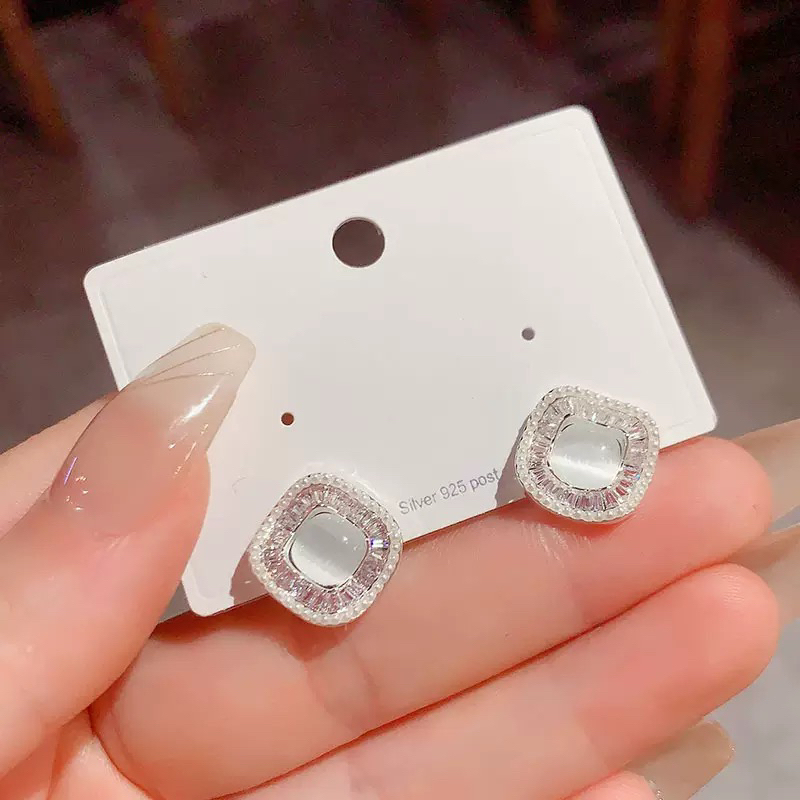 合金耳饰 韩版时尚简约方形猫眼石耳钉小众设计感耳环耳饰