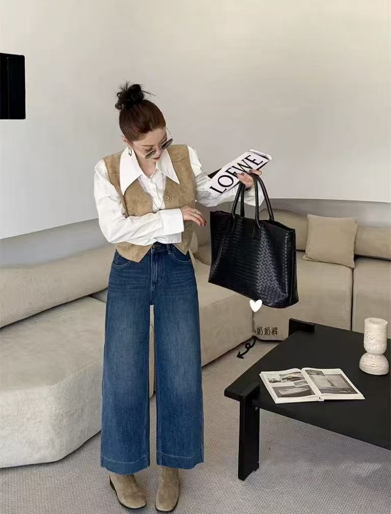 小个子九分直筒阔腿奶奶裤 宽松显瘦高腰 女遮胯直腿牛仔裤