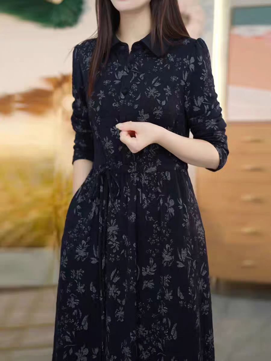 【岩心】大码女装300斤胖MM时尚印花复古遮肉显瘦长袖连衣裙432