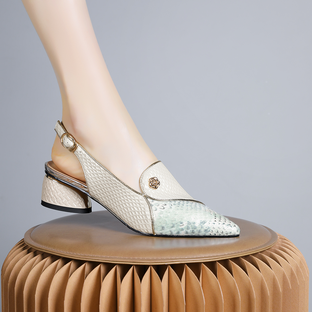 妮彩诗2024新款法式拼接设计时尚百搭粗跟尖头透气后空女凉鞋1560