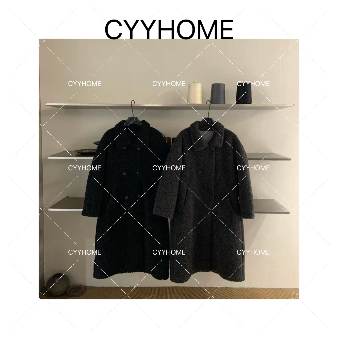 CYYHOME长款翻领双排扣纯色宽松毛毛外套过膝保暖长外套
