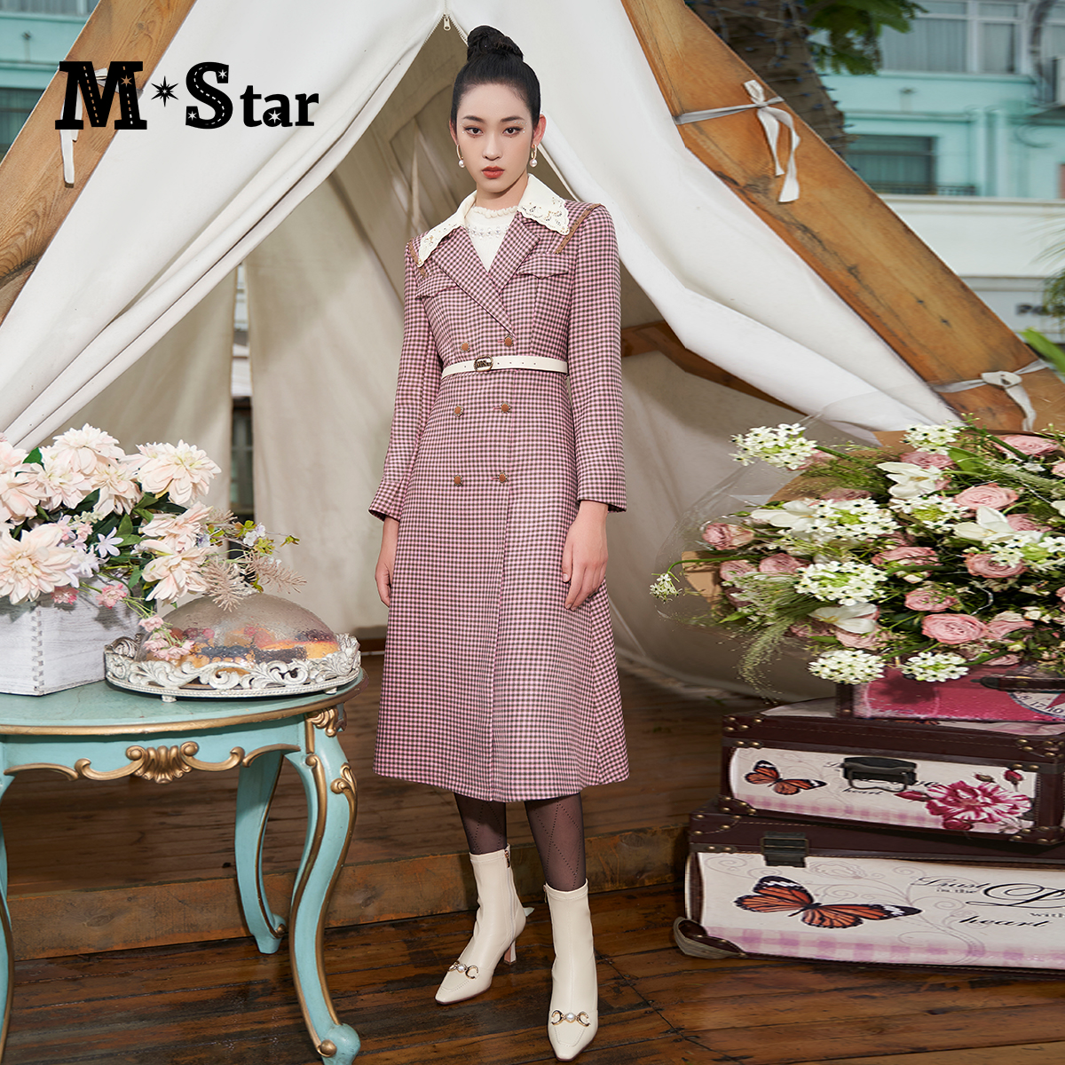 【蜜思仝】M-Star粉色千鸟格收腰格纹风衣外套 SCNG141559