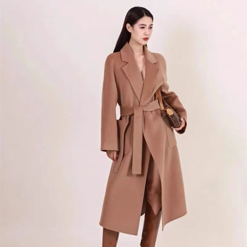 秋冬纯色百搭系带侧开叉双面毛呢大衣外套女1400540