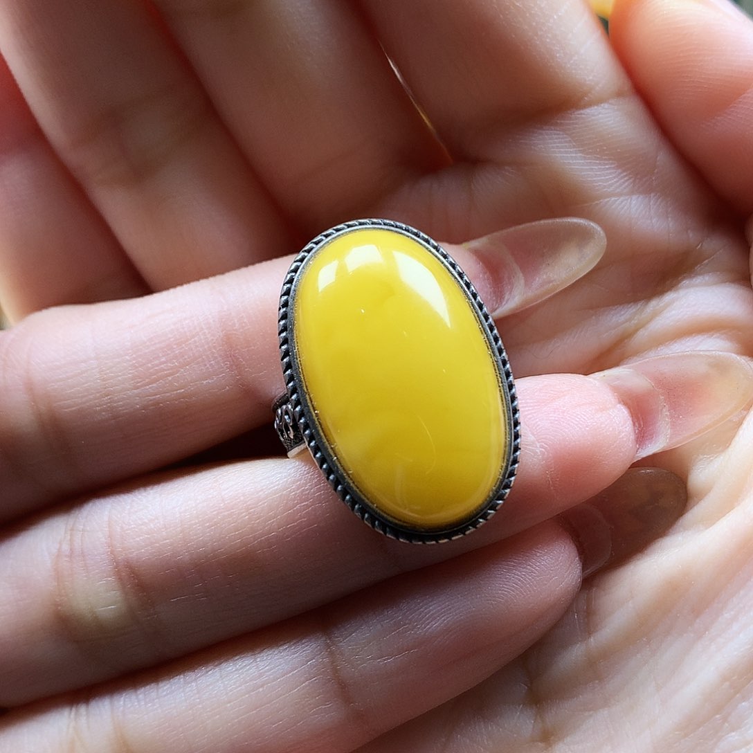 蜜蜡戒指银S925镶嵌戒指