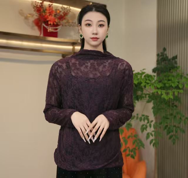 017/紫色韵味圆领蕾丝青春风秋冬宽松型蕾丝衫长袖复古气质女士