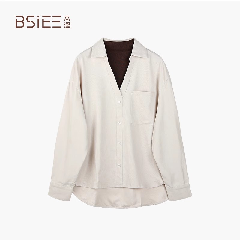 BSIEE/本涩假两件撞色拼接衬衫秋冬新品设计感宽松上衣女