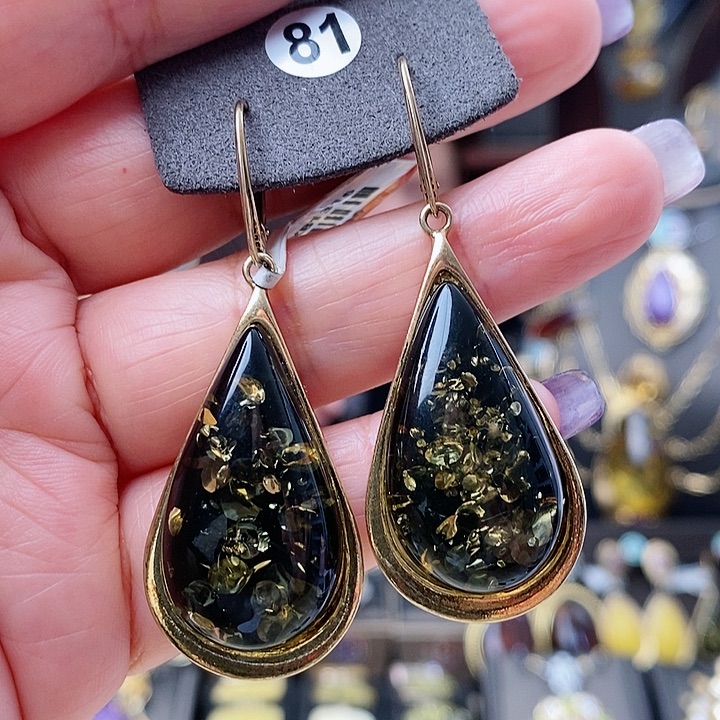 琥珀耳饰银S925镶嵌耳环