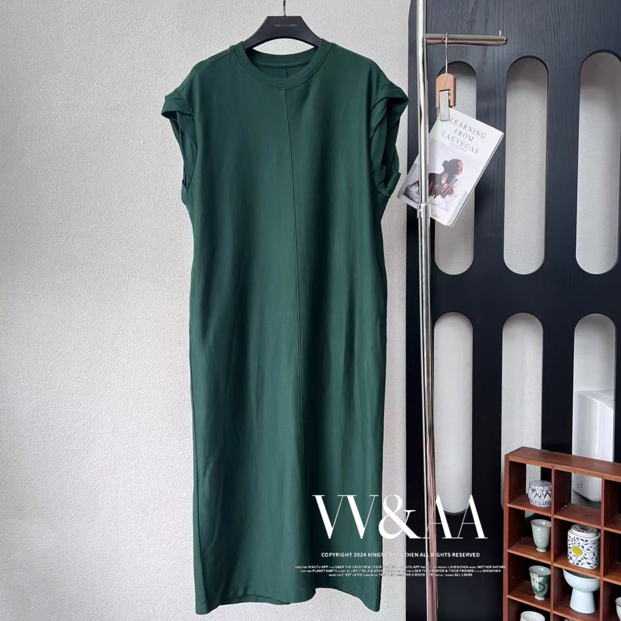 VV&AA 舒适亲肤有型有口袋中长款宽松时髦百搭t恤连衣裙 QU4532