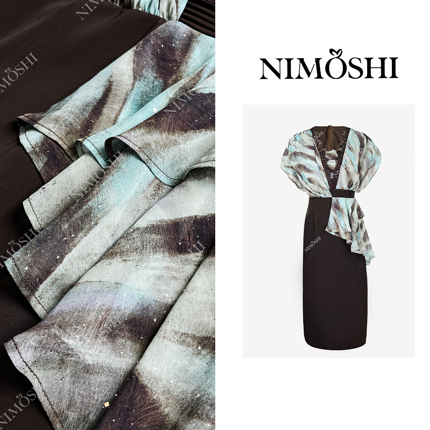 NIMOSHI【莎总】新款拼接网纱V领丝带气质显瘦不规则连衣裙Q1957