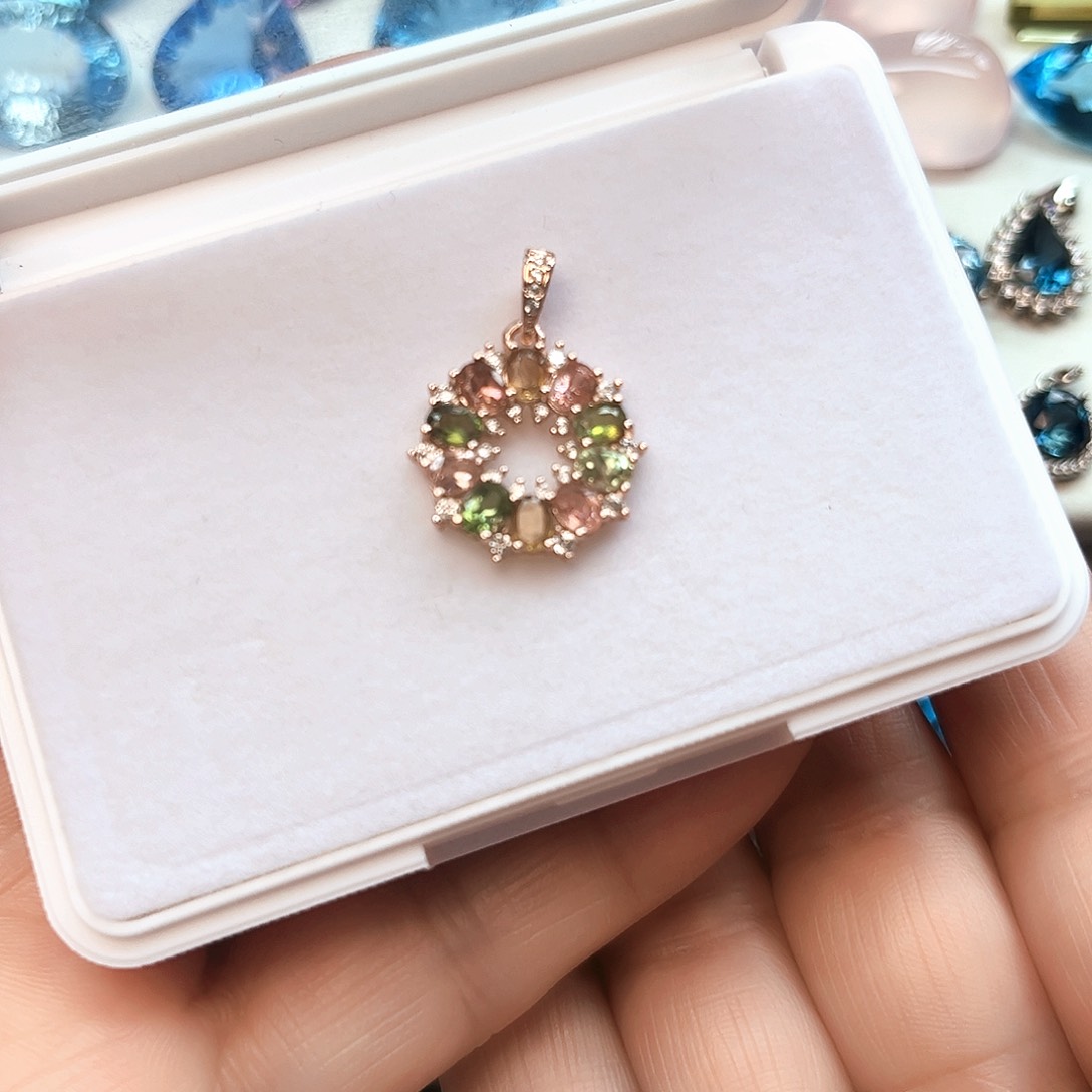 碧玺颈饰银S925镶嵌S925渡玫瑰金甜甜圈福利款吊坠