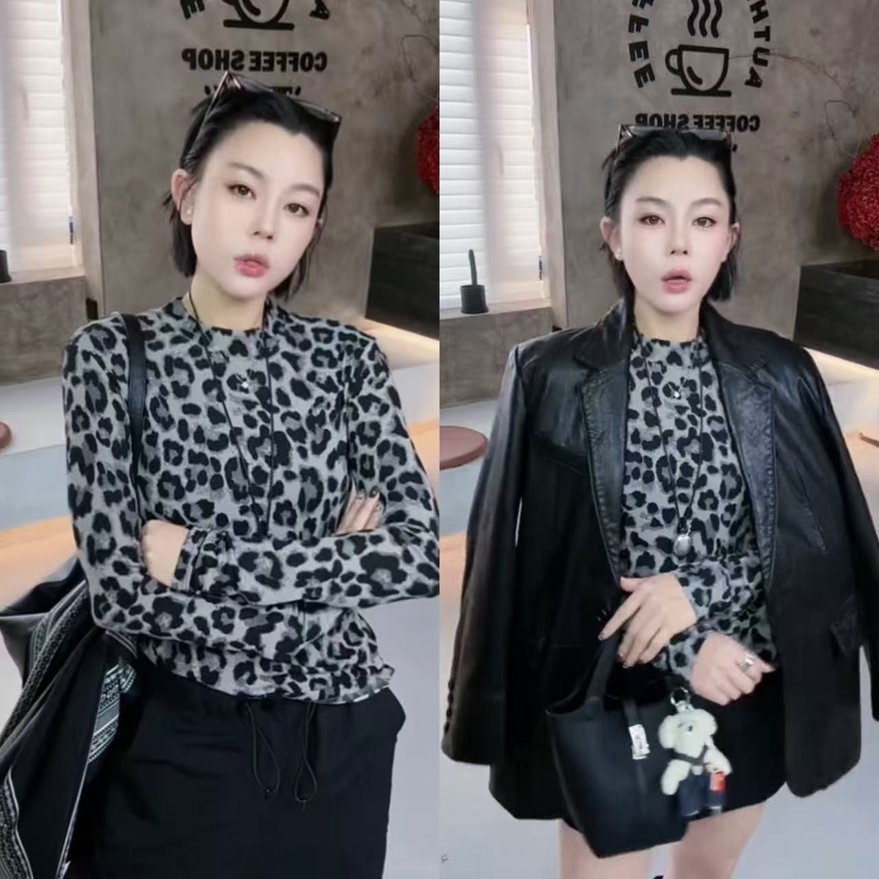 菲林家FL 8968【可遇不可求】 设计感豹纹长袖T恤