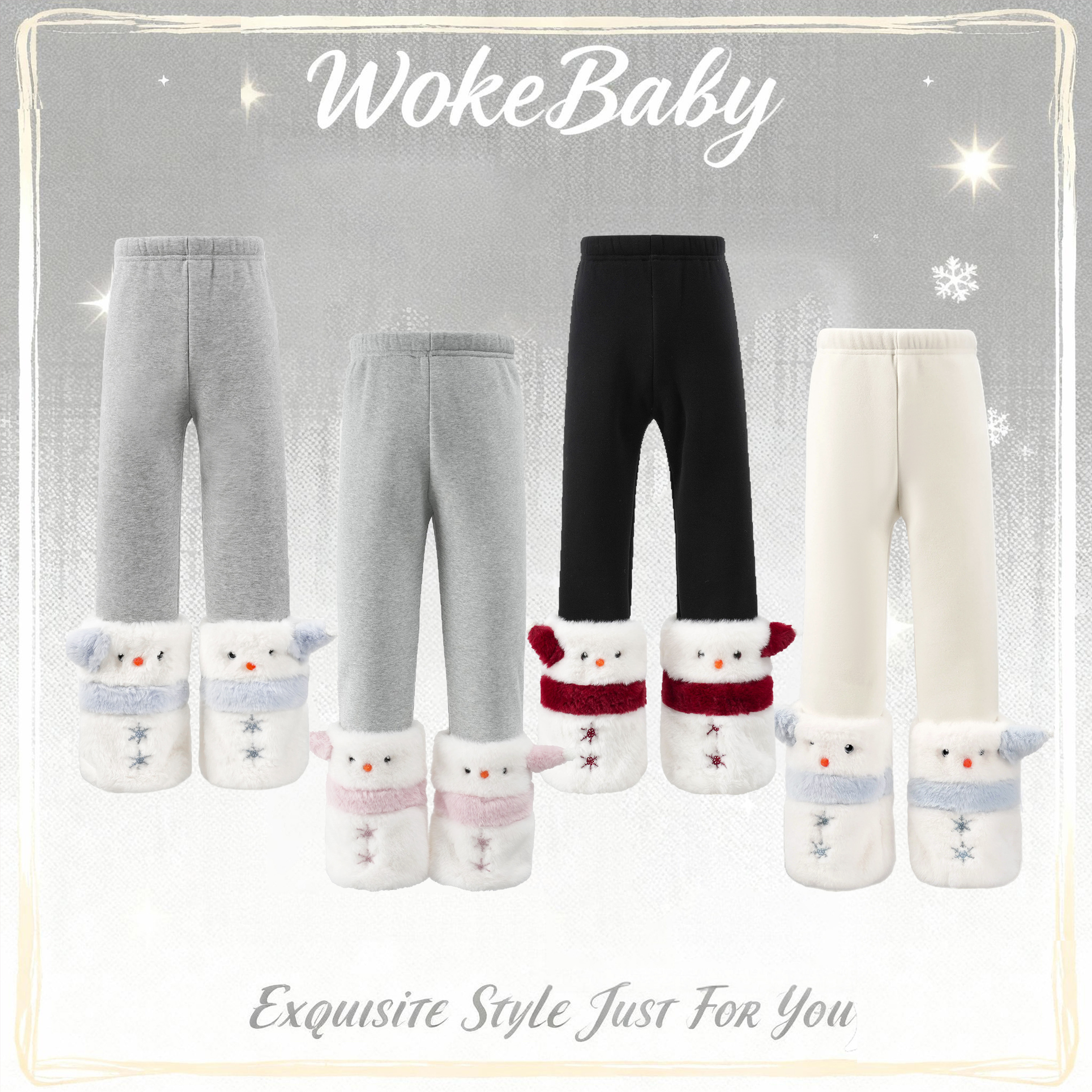 【特厚绒】一体绒裤子女童秋冬可爱雪人长裤加绒保暖汉服W5251