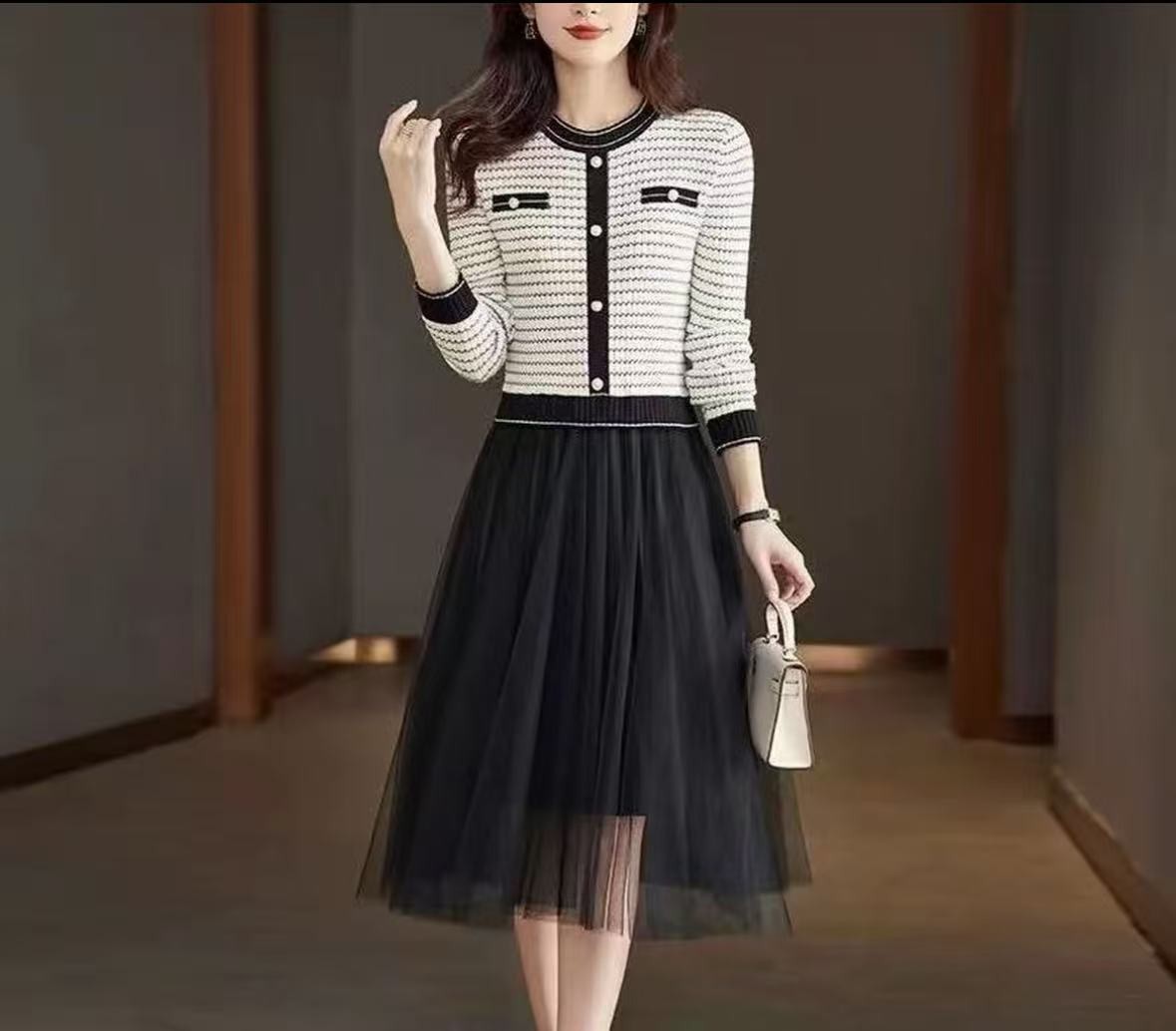 D40连衣裙拼接假两件针织休闲春款女