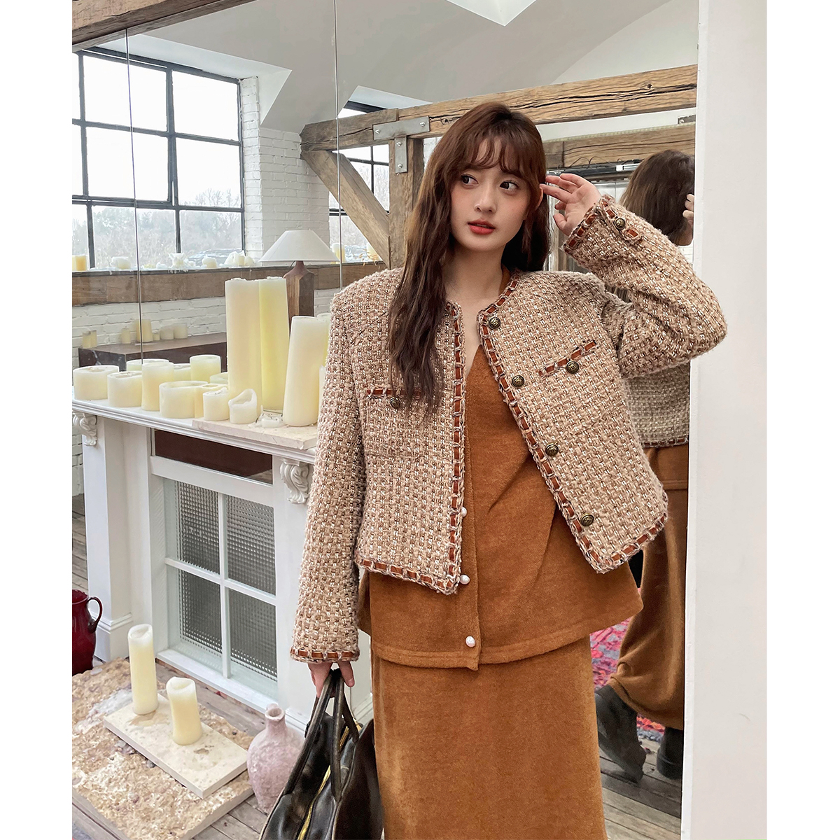 晶咕白标~老风正肩小香风外套秋冬大码显瘦宽松上衣