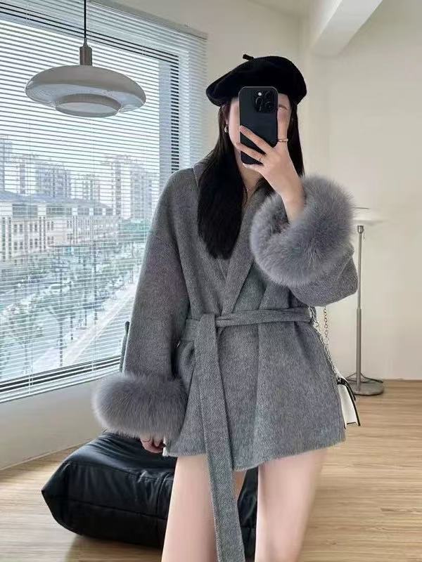 【林姵希专属】秋冬新款高级感系带毛呢大衣女短款小个子