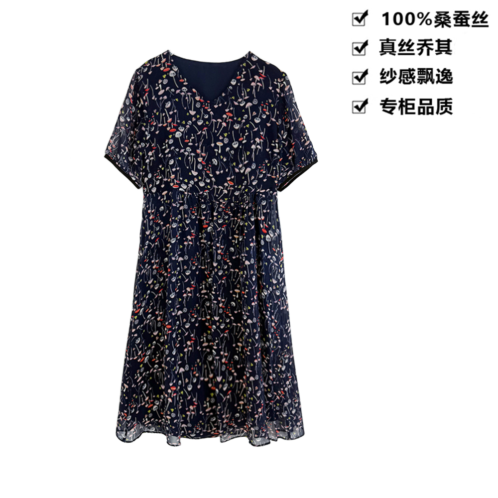 100桑蚕丝连衣裙真丝乔其幽蓝底韵V领桑蚕丝连衣裙LYQA55