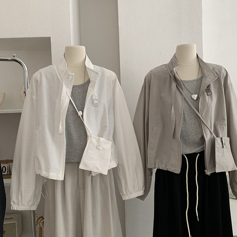 欧玛莱 立领长袖薄款外套女长袖上衣+背心两件套配包包韩系潮