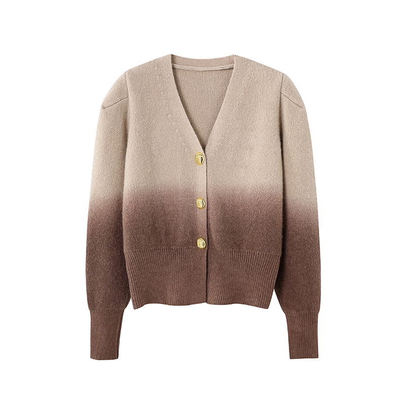 【NO退No换】新款时尚设计渐变咖杏色V型领针织长袖开衫女C814