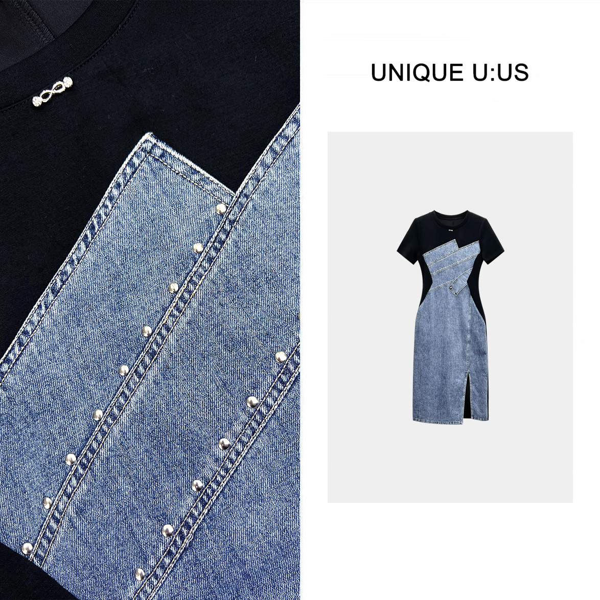 G.S.L【惬意时光】牛仔拼色假两件显瘦女装连衣裙-250211