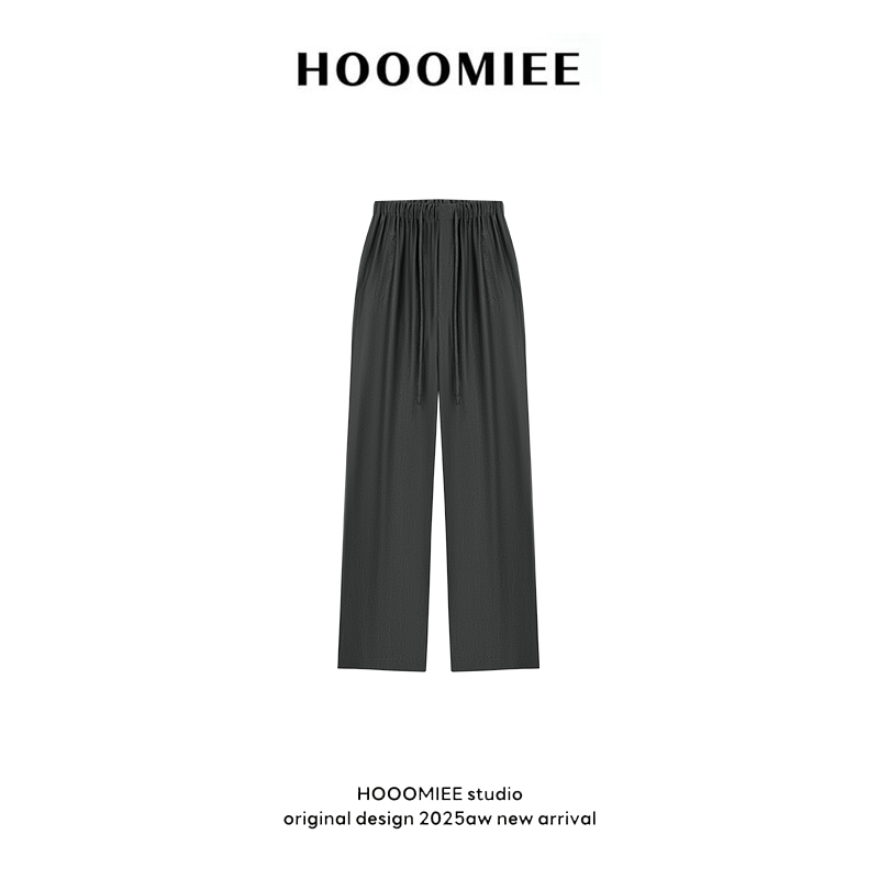Hooomiee简约时尚纯色松紧腰抽绳高腰女士休闲裤9910