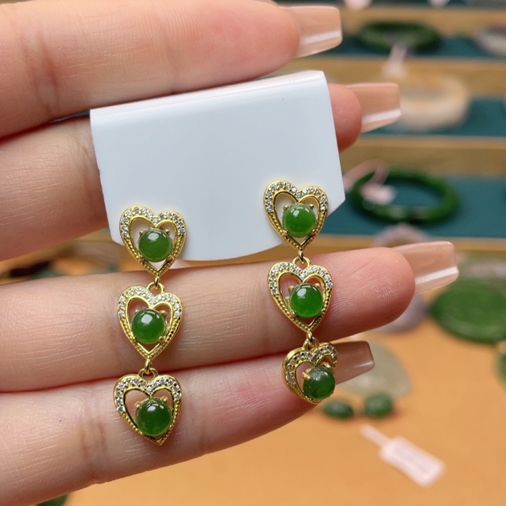 和田玉耳钉银S925镶嵌