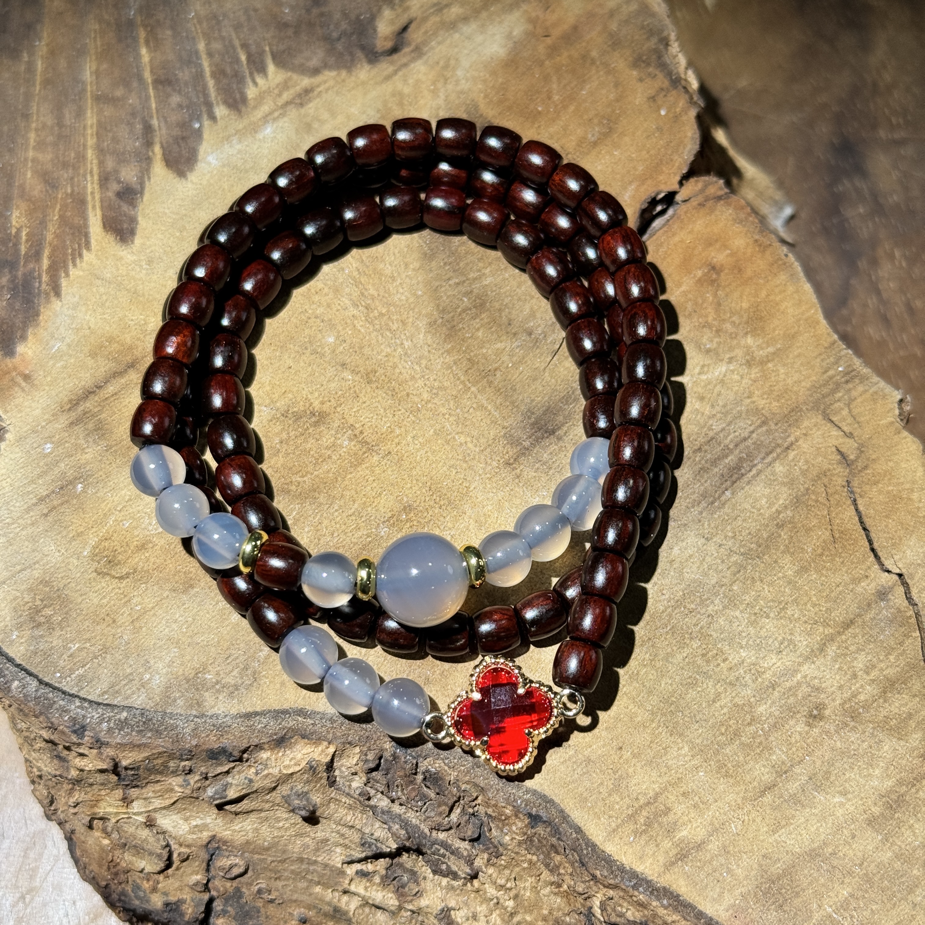 K382 印度小叶紫檀直切双圈+红色四叶草+证书（无礼盒）