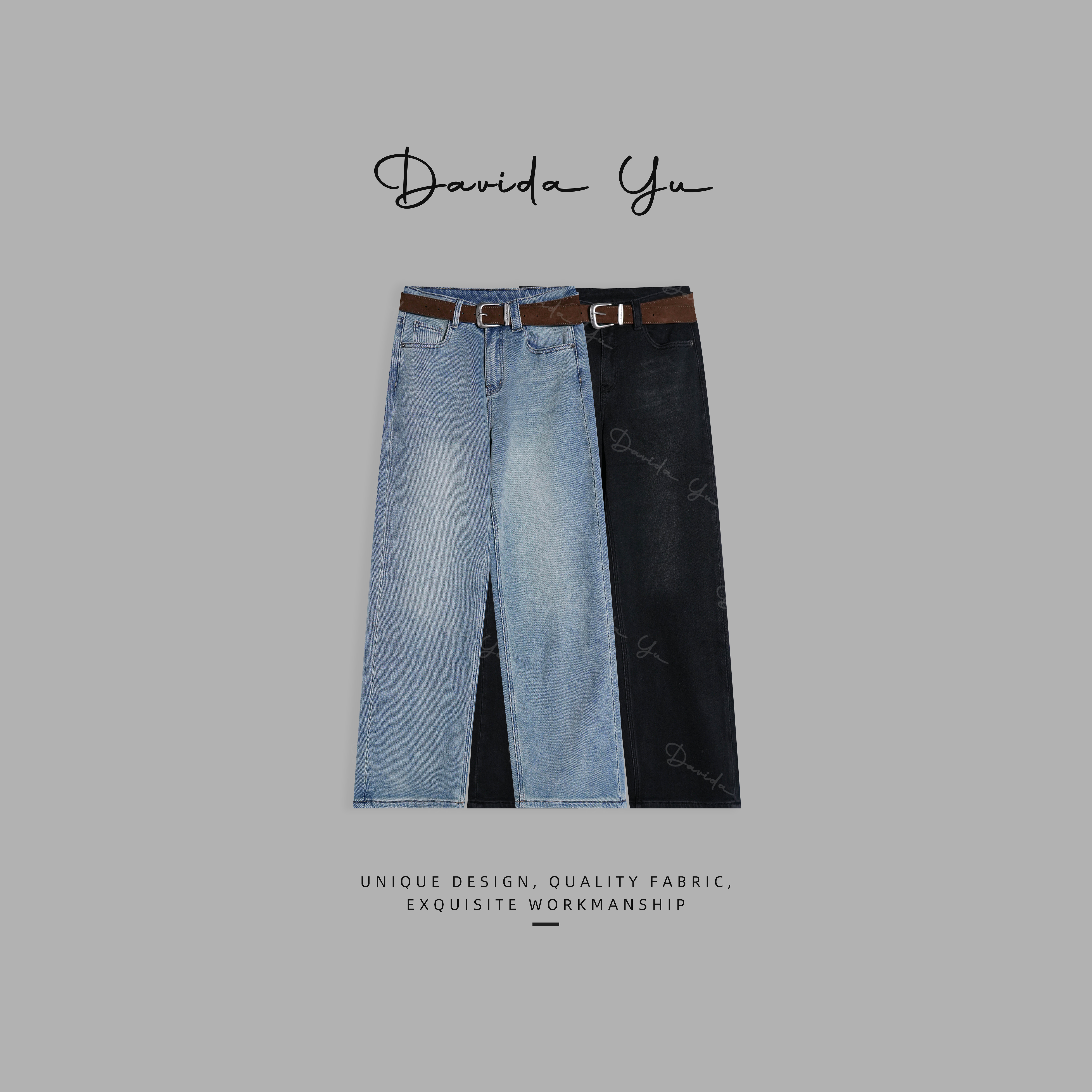 Davida Yu【双色牛】冬季加绒保暖简约时尚百搭直筒裤牛仔裤1083