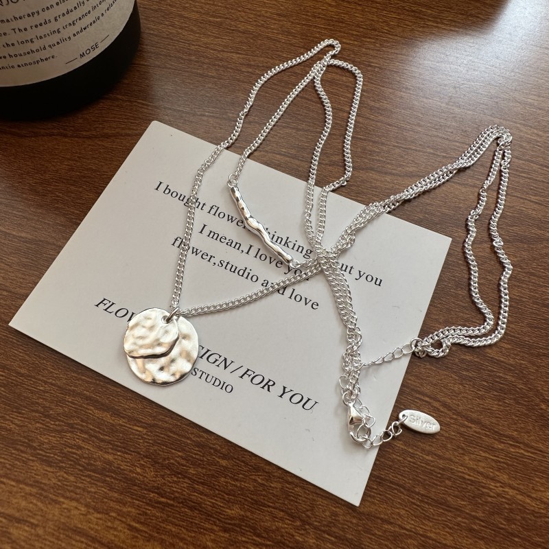 坠链均925银 韩版重工哑光双层圆牌项链韩系博主款时尚简约锁骨链