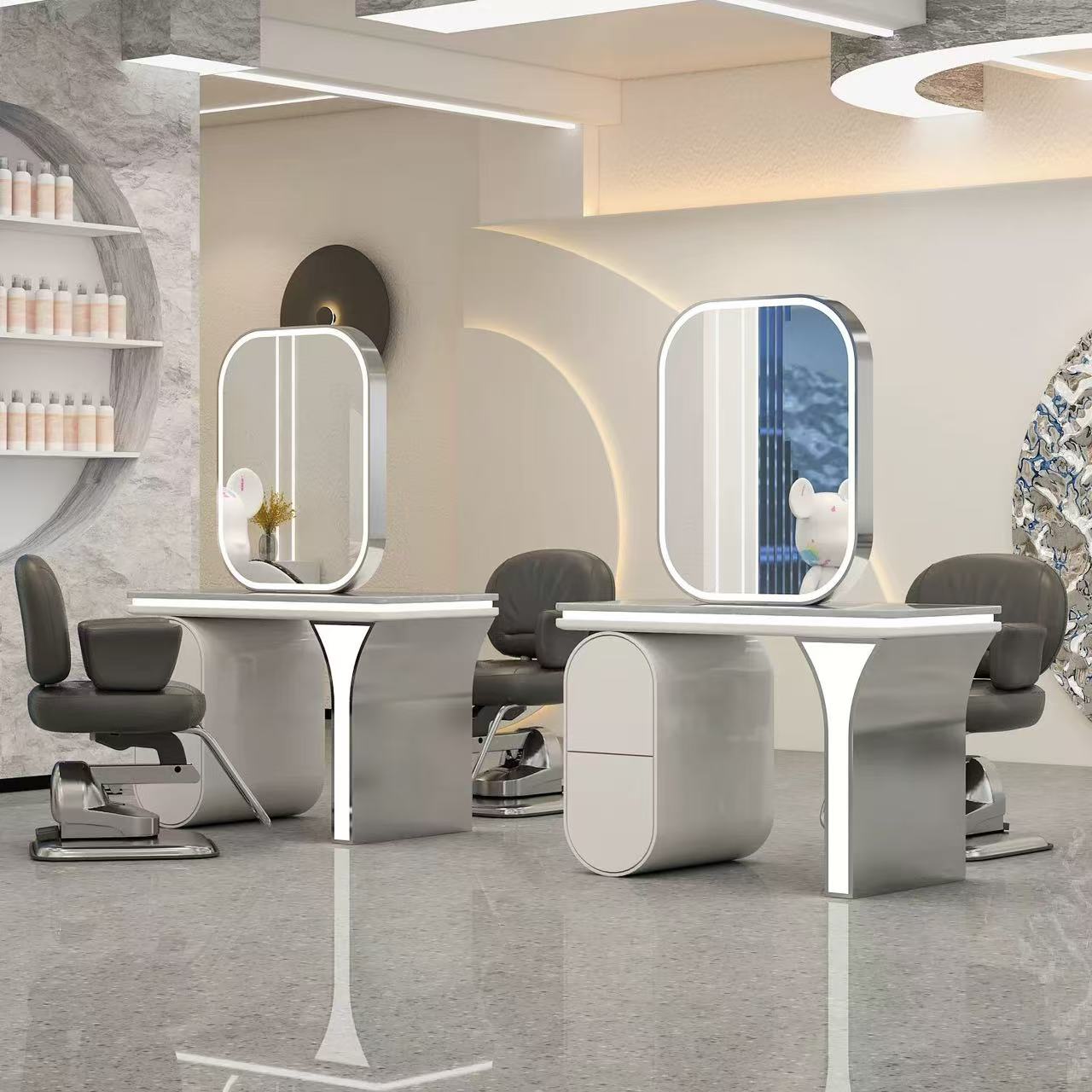 网红理发店镜台发廊专用双面大理石美发镜台高端不锈钢烫染桌带柜