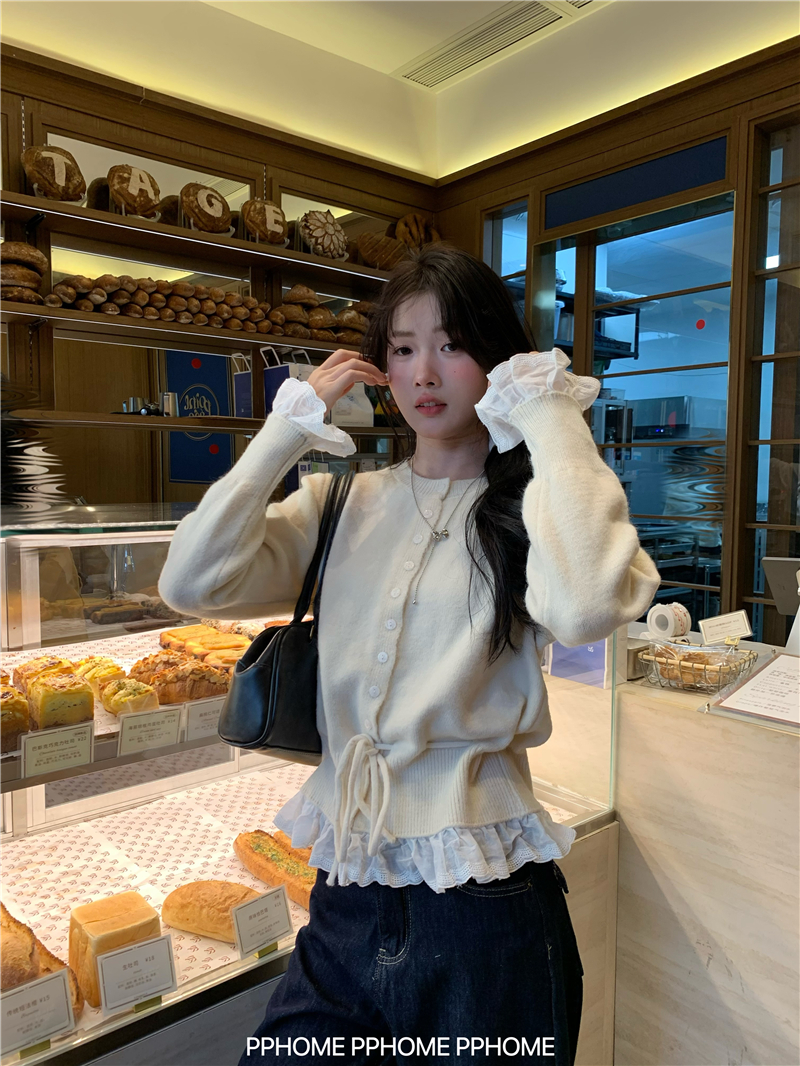 【小雪专属】花边拼接红色毛衣系带收腰设计宽松针织开衫短毛衣女