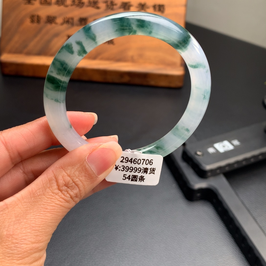 翡翠手镯未镶嵌冰飘蓝花小圆条翡翠手镯54圈
