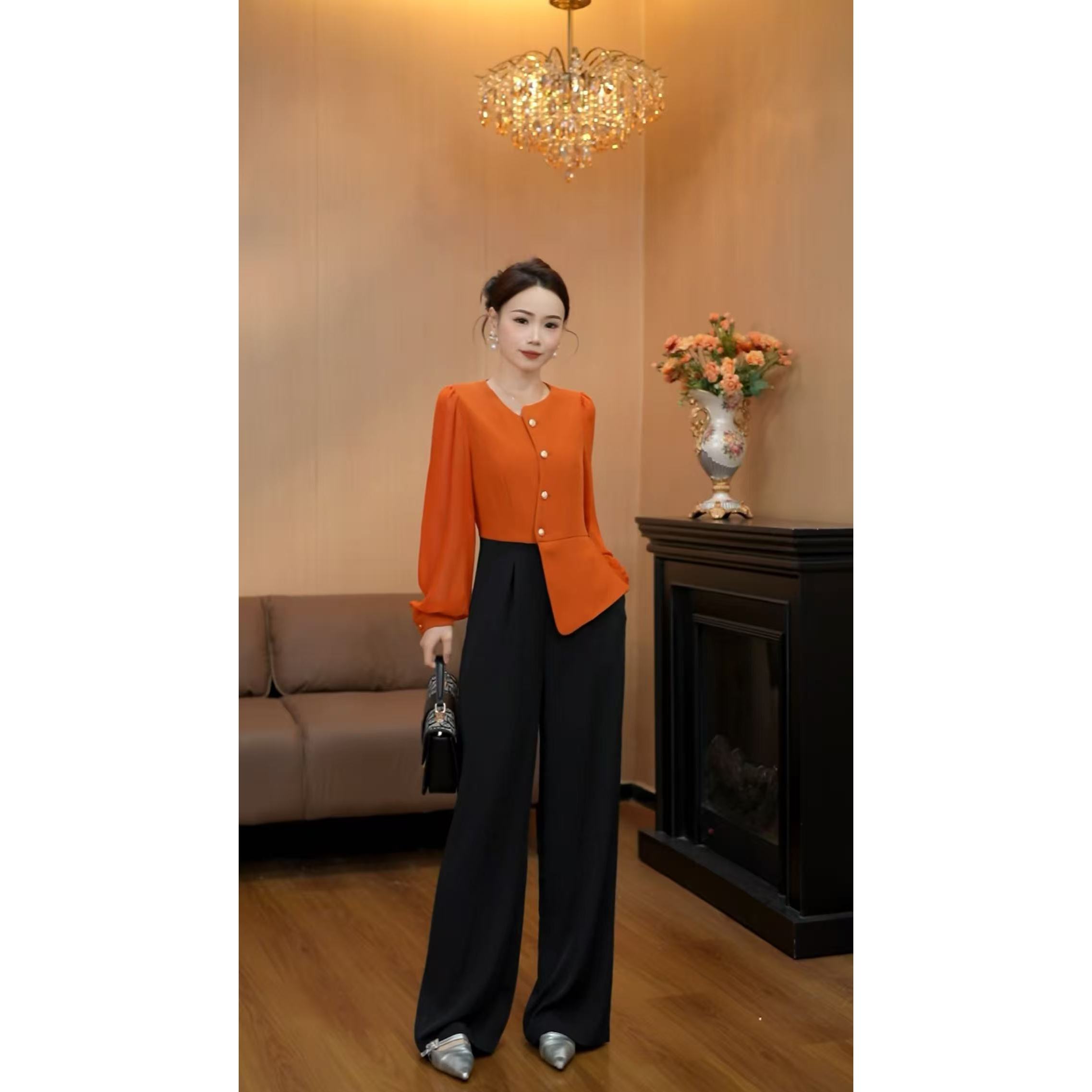 6127【鲤鱼吐芳】高端定制气质高级感高腰阔腿裤假两件连体裤QH