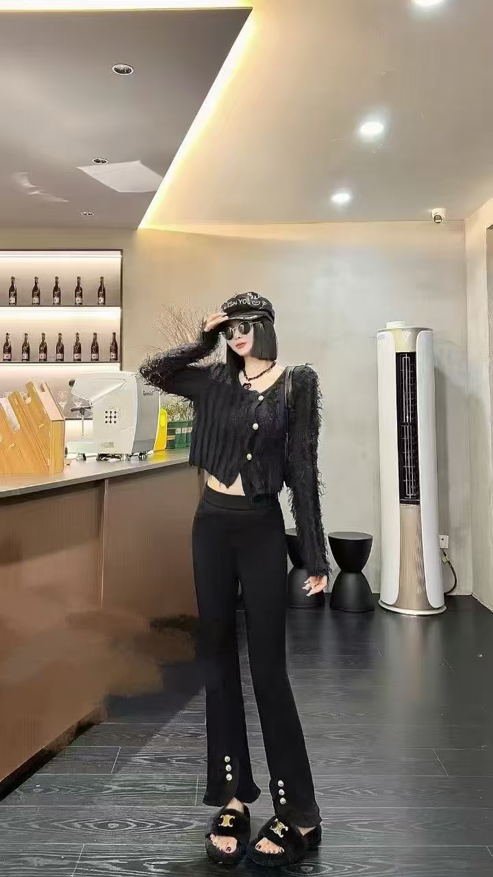 2025春季大码洋气钉珠花边喇叭裤韩版百搭高弹力显瘦休闲裤