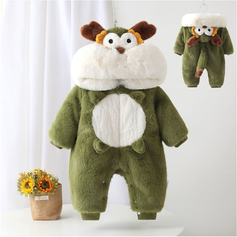 婴幼儿宝宝毛毛款式休闲百搭卡通日常款小绿龙绒布棉哈衣