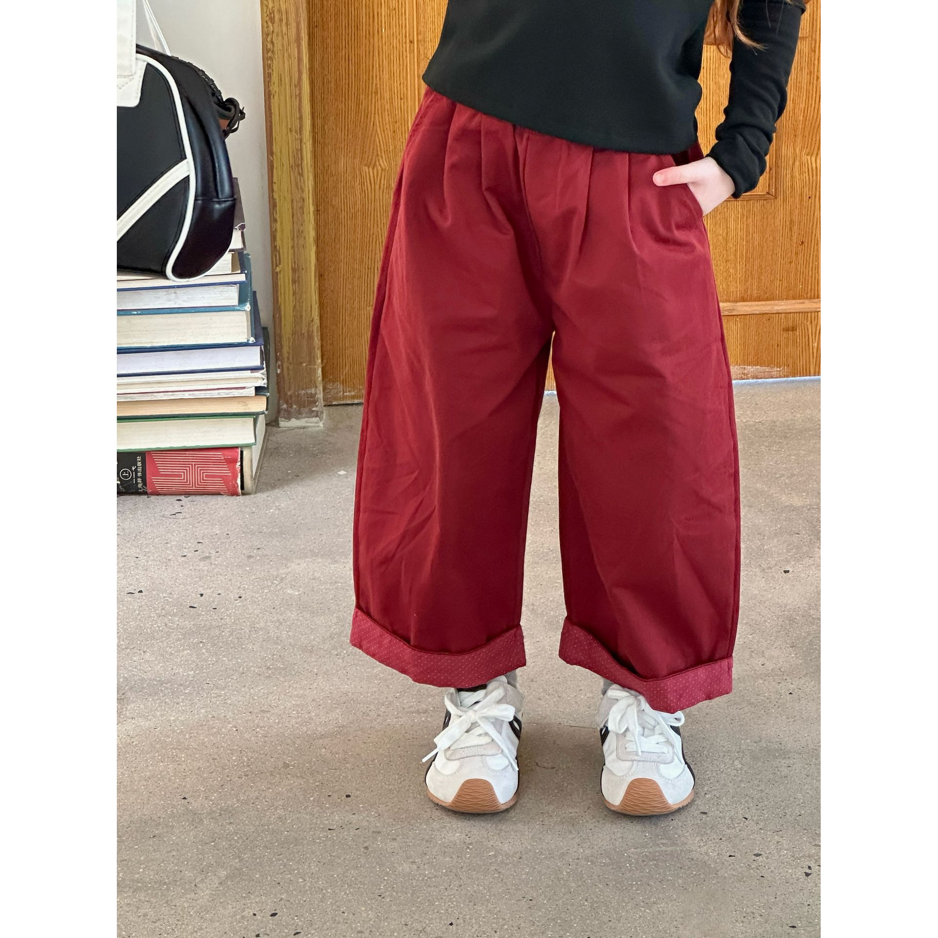 女童棉布裤2025秋款韩系拼接波点直筒裤儿童百搭翻边休闲裤86170