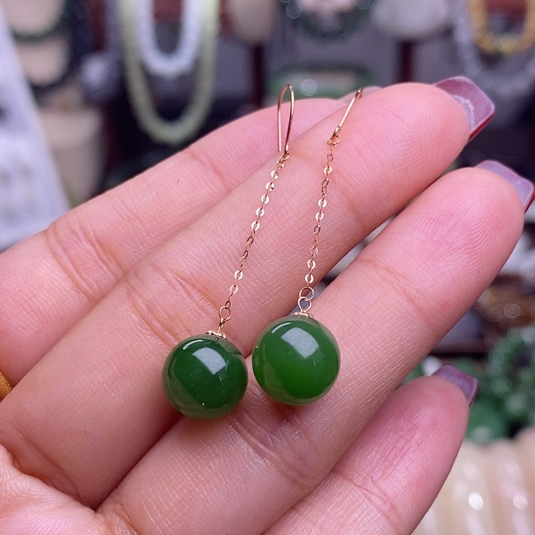 和田玉清货价碧玉金镶耳坠10m未镶嵌